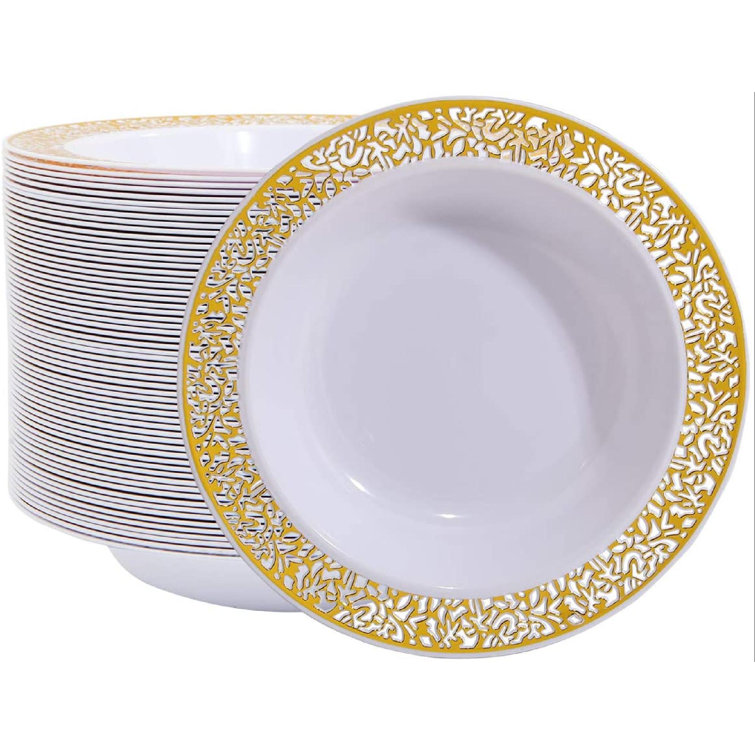 Lattice Routh 60 Disposable Gold Plastic Salad Bowls, 12 Oz Soup Bowls